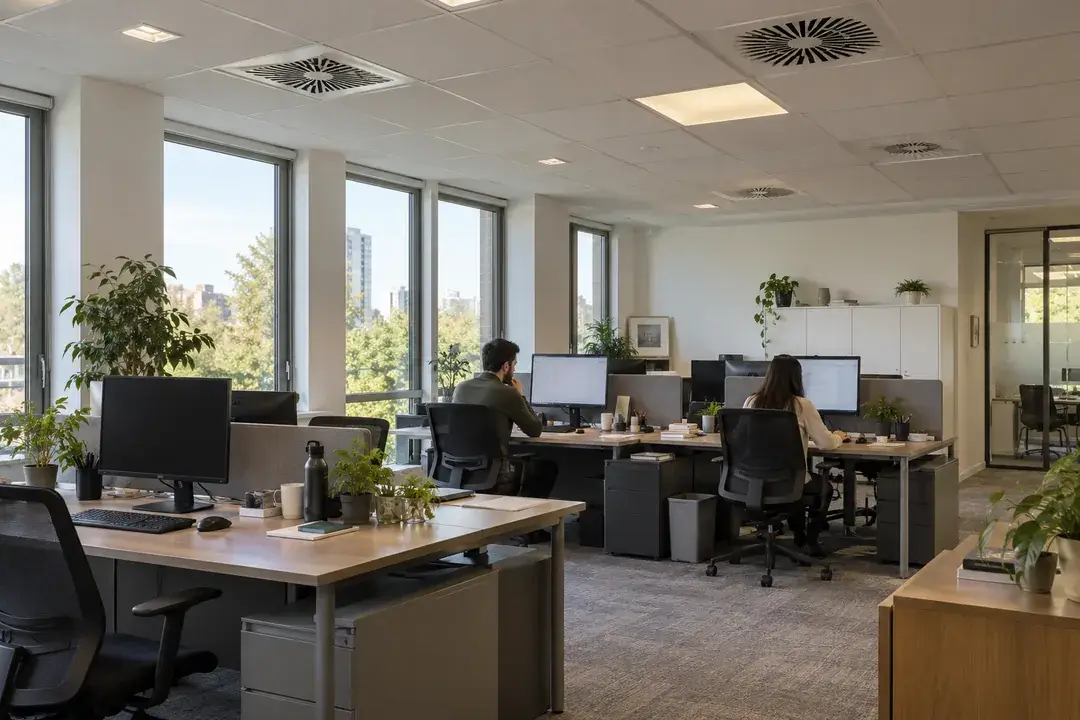 Occupied office work area with ceiling air supply diffusers and daylight windows