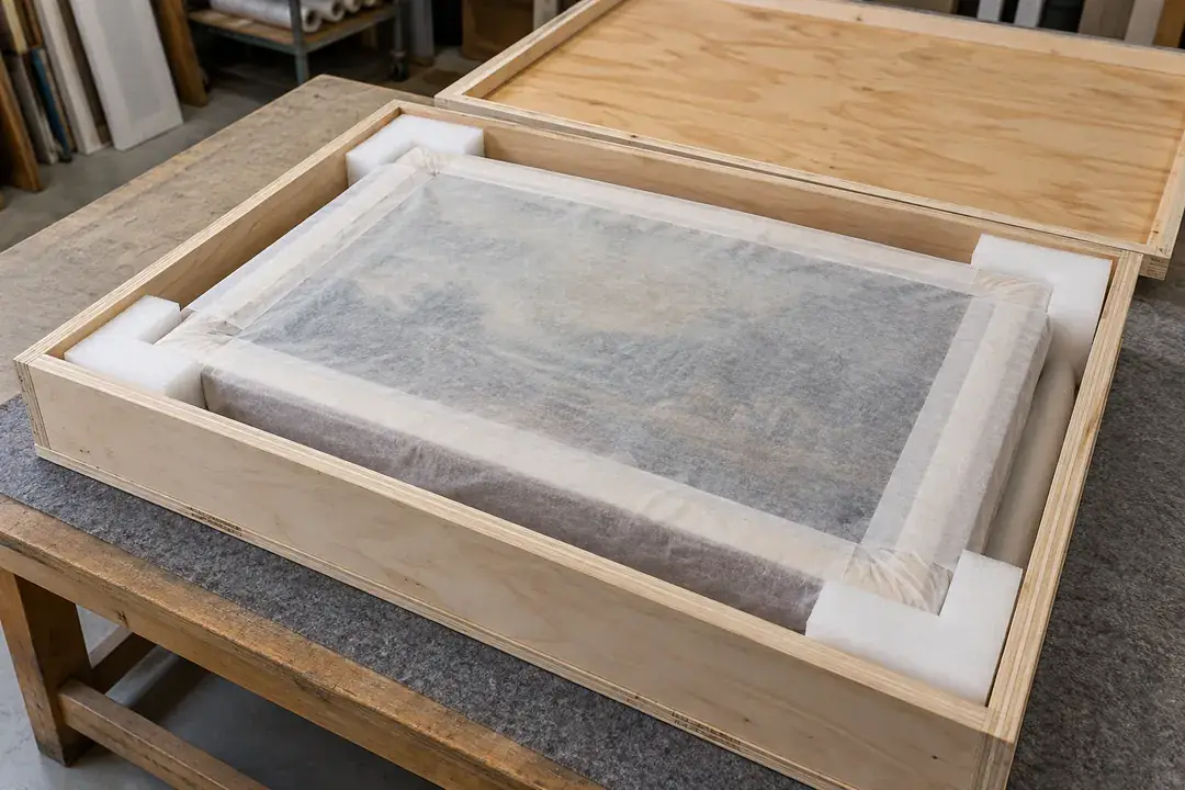Wrapped framed painting and padded corner supports inside a fitted shipping crate.