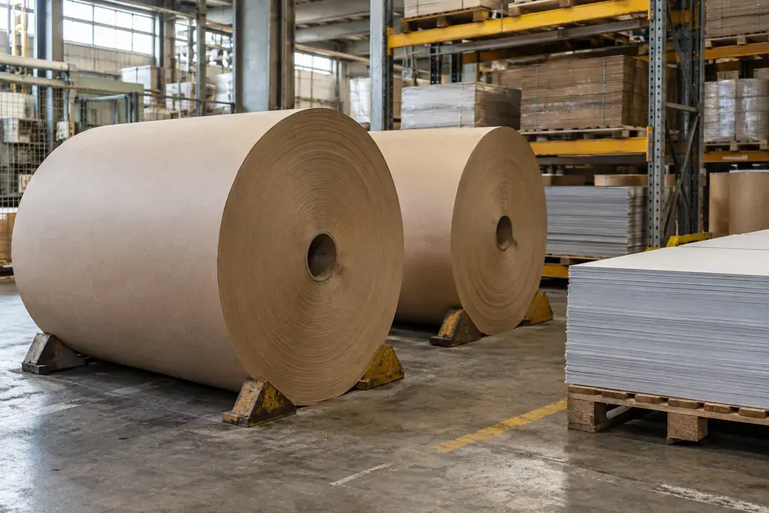 Paper reels and stacked board stock in a printing and converting plant.