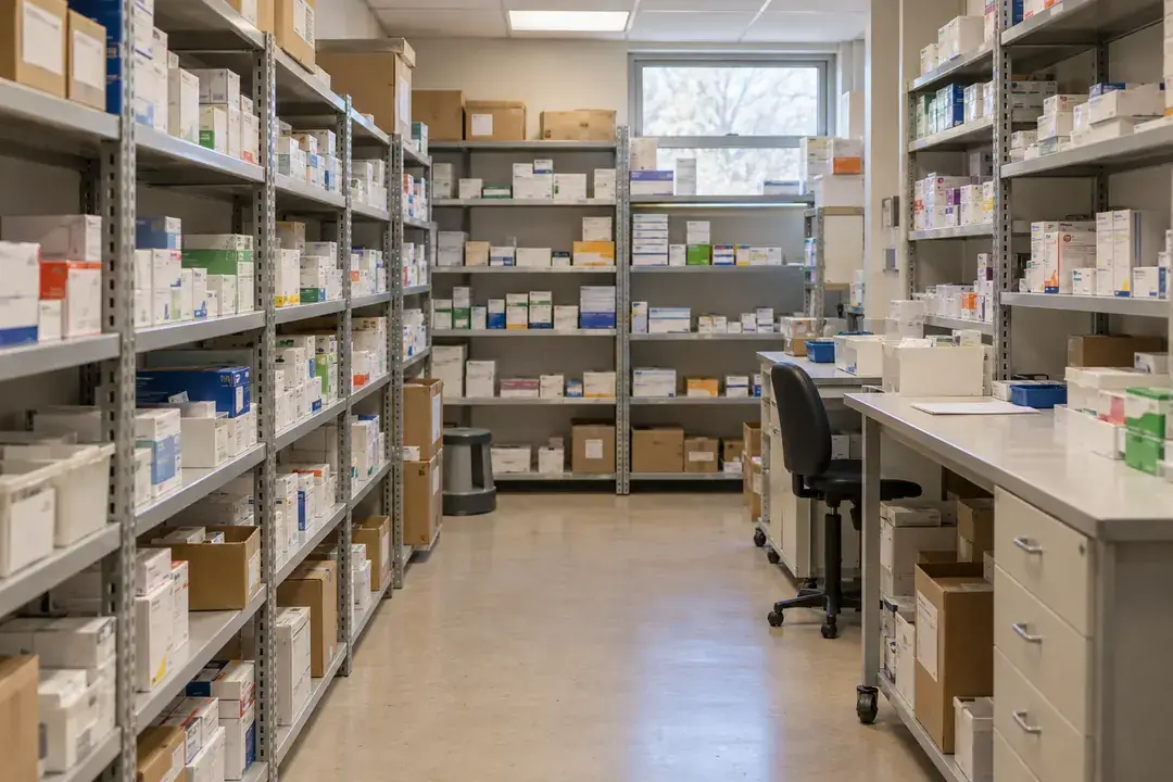 Packaged medicine stock on shelving in an ordinary pharmacy backroom.