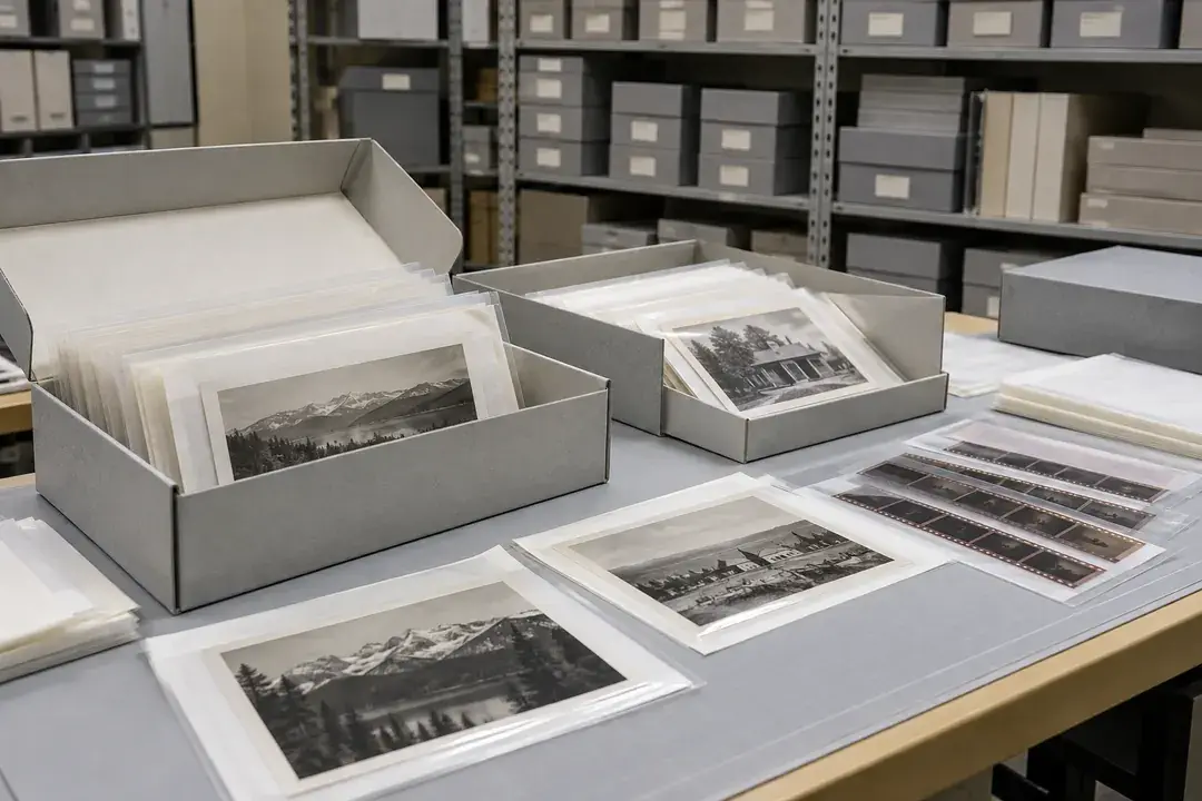 Sleeved photographic prints and negatives in archival storage boxes.