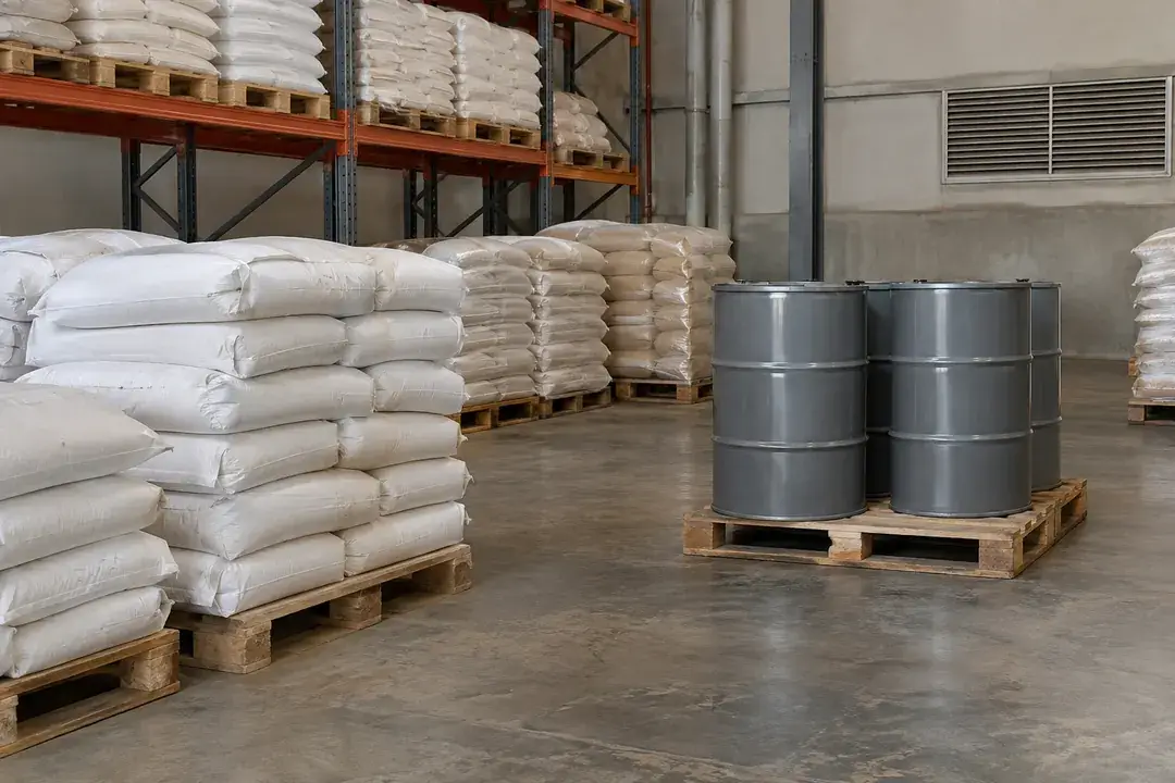 Closed industrial powder bags and drums stored on pallets in a dry warehouse.