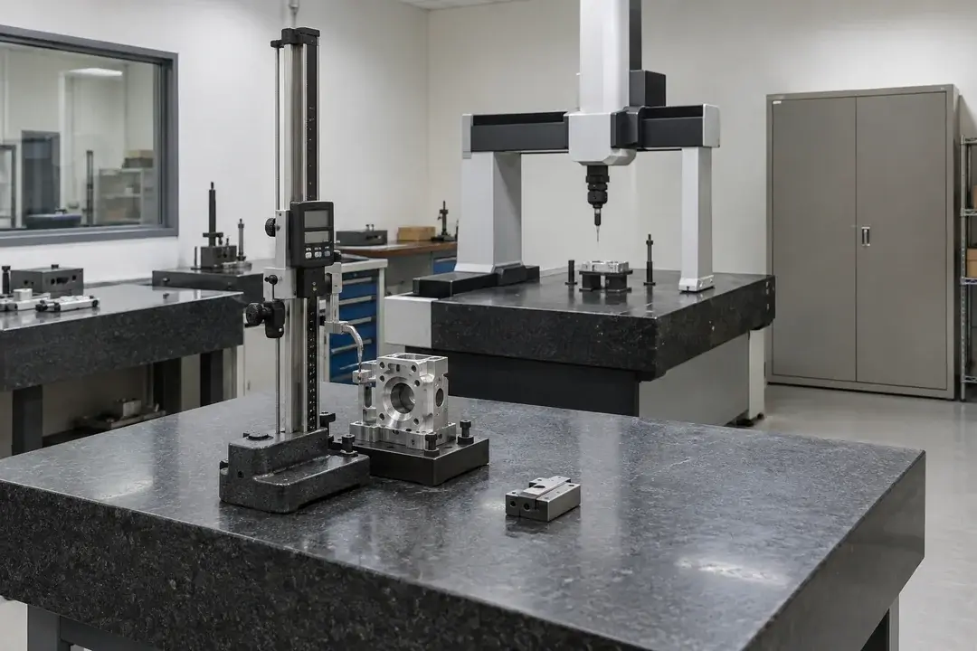 Dimensional metrology room with a height gauge, machined part and coordinate measuring machine on granite tables