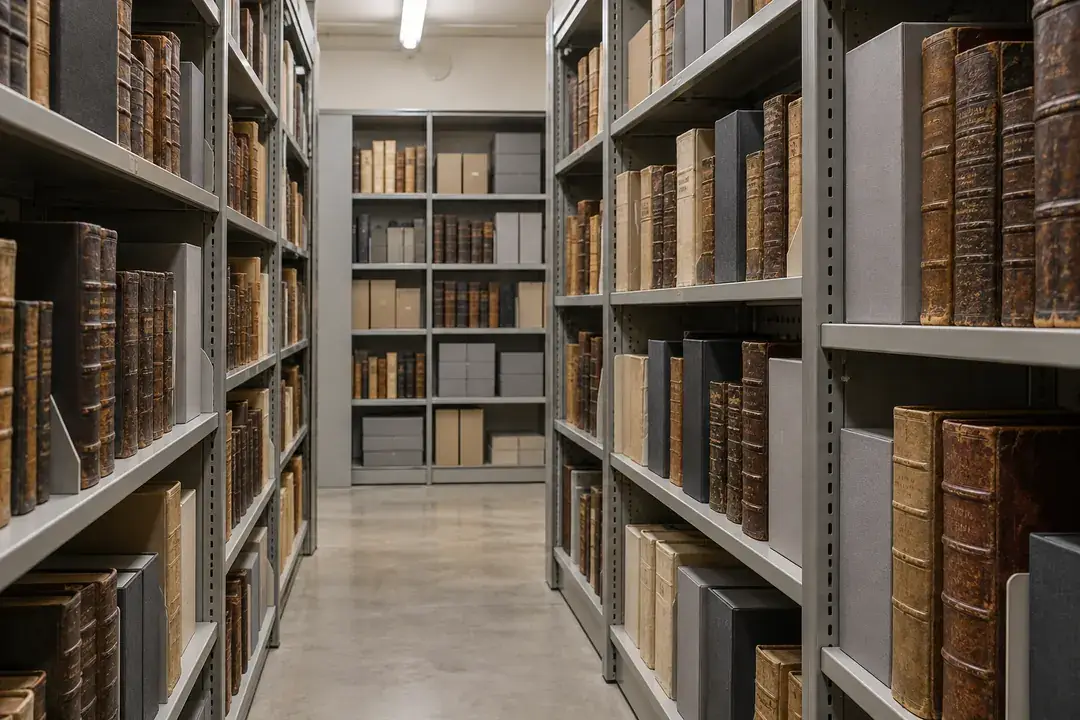 Protected old bindings and fitted boxes on shelving in a rare-book vault.