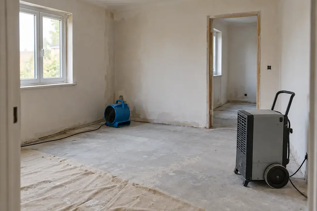 Freshly plastered room during drying with a portable dehumidifier and air mover