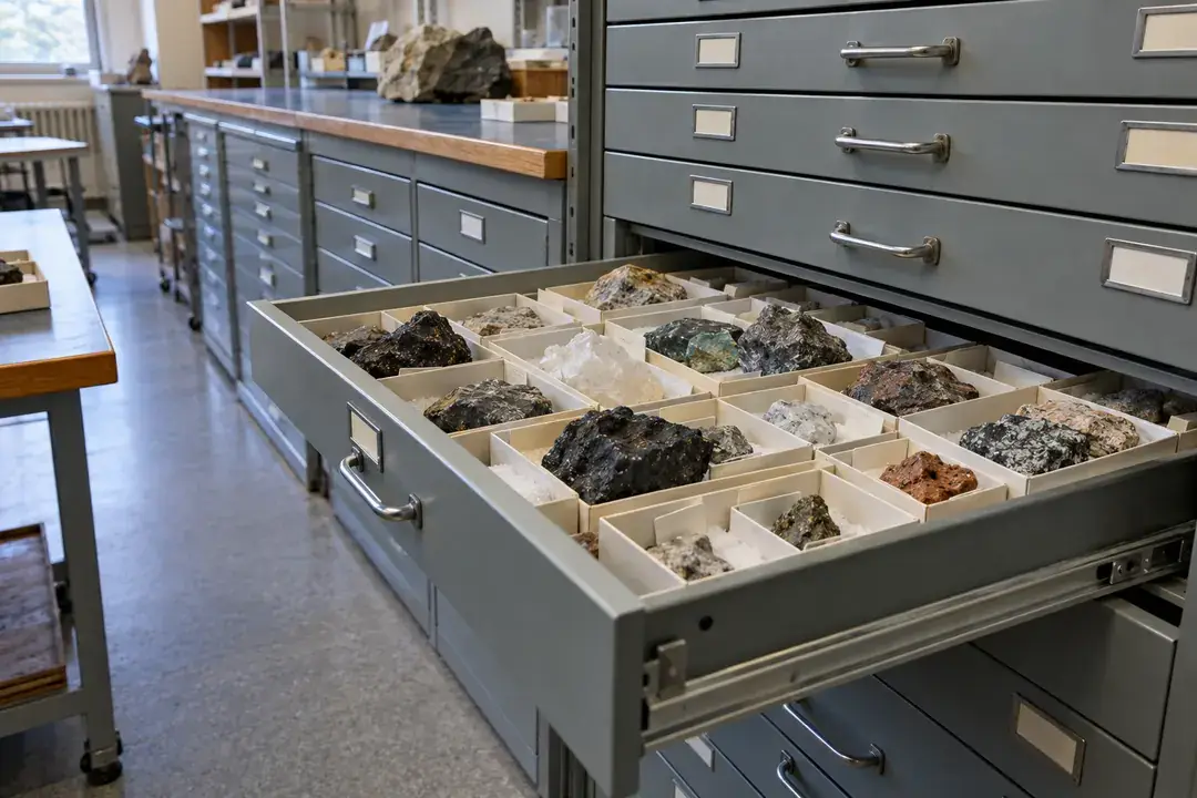 Geological research specimens in archival boxes inside an open storage drawer.