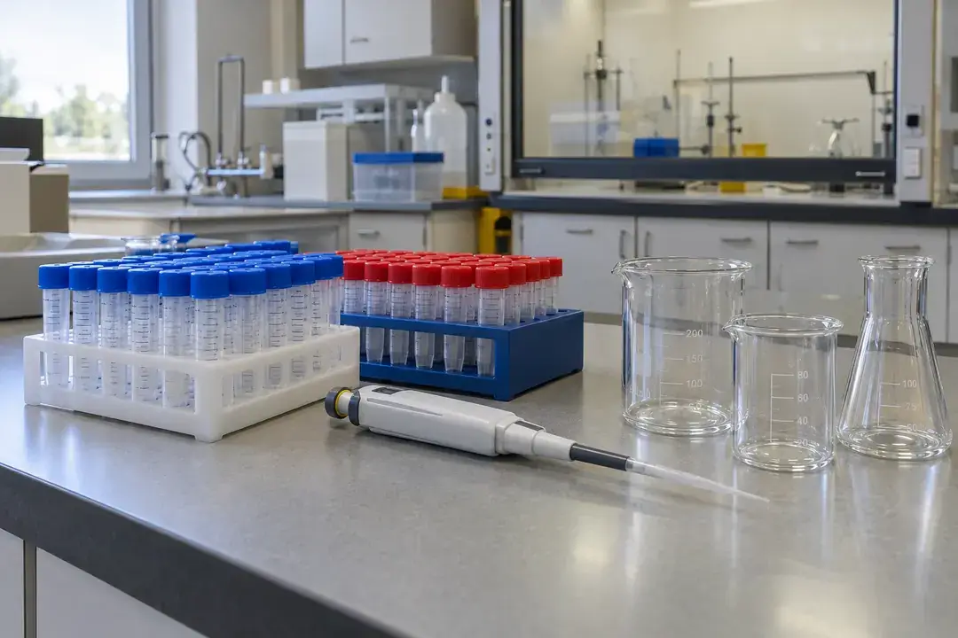Capped sample tubes and clean labware staged on a laboratory bench.