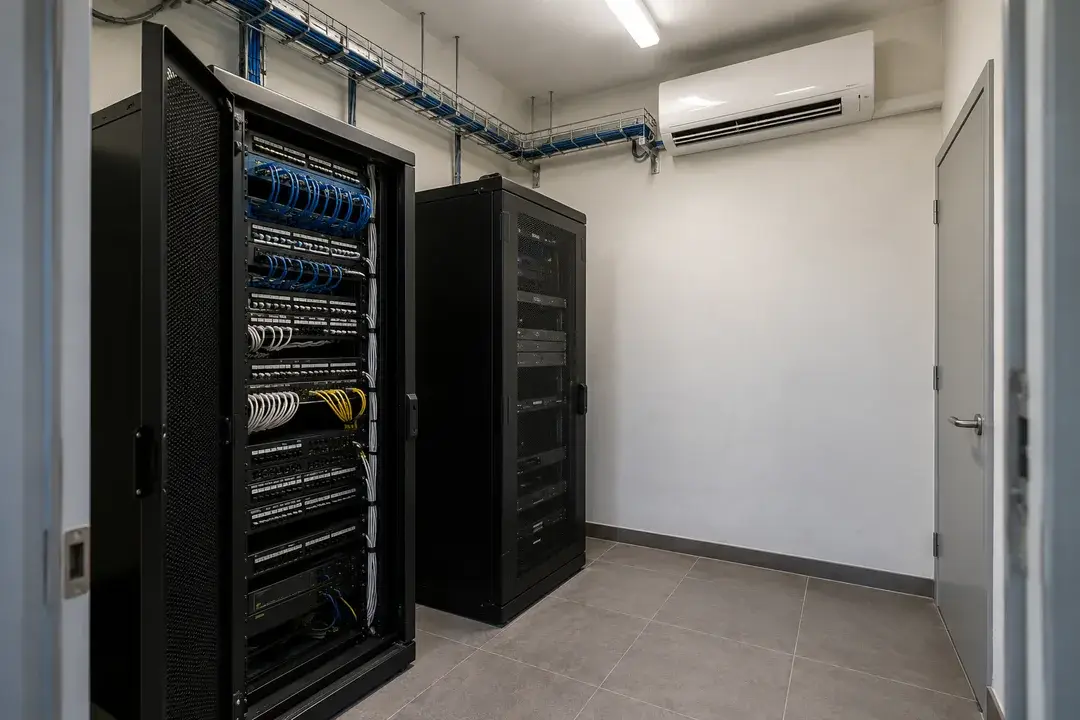 Small office network closet with two server racks and patch-panel equipment