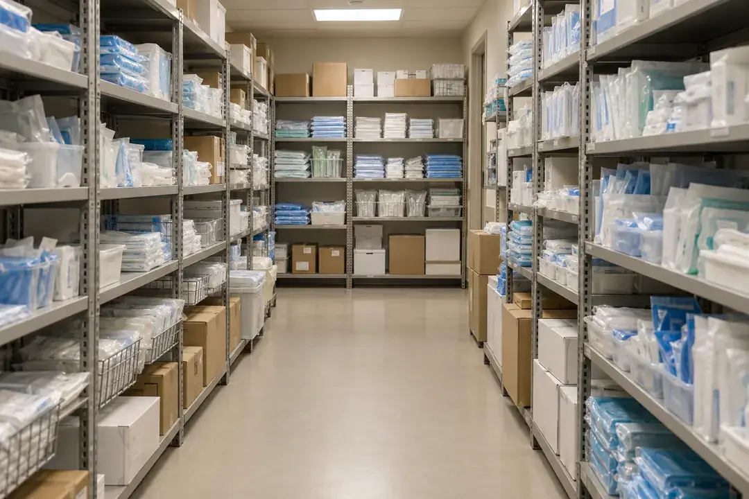 Sealed sterile supply packs arranged on hospital stockroom shelving.