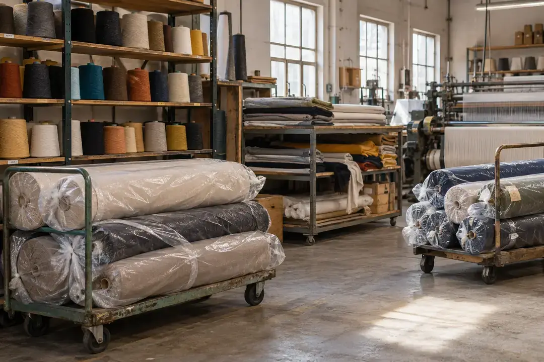 Yarn cones and cloth rolls in a textile production stockroom.