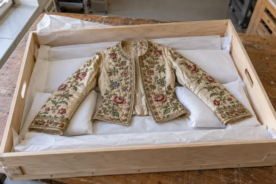 Historic embroidered costume lying flat on supported tissue in a transport crate.