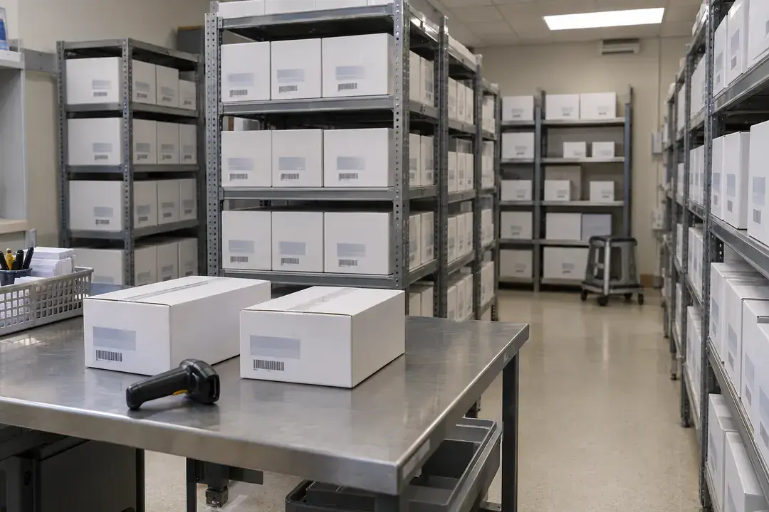 Closed trial-kit cartons and packing table in a controlled inventory depot.