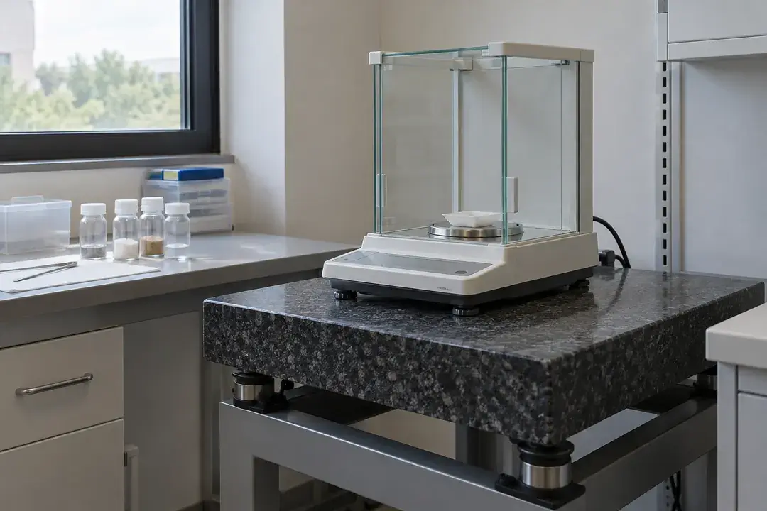 Analytical balance with a glass draft shield on a stone weighing table.