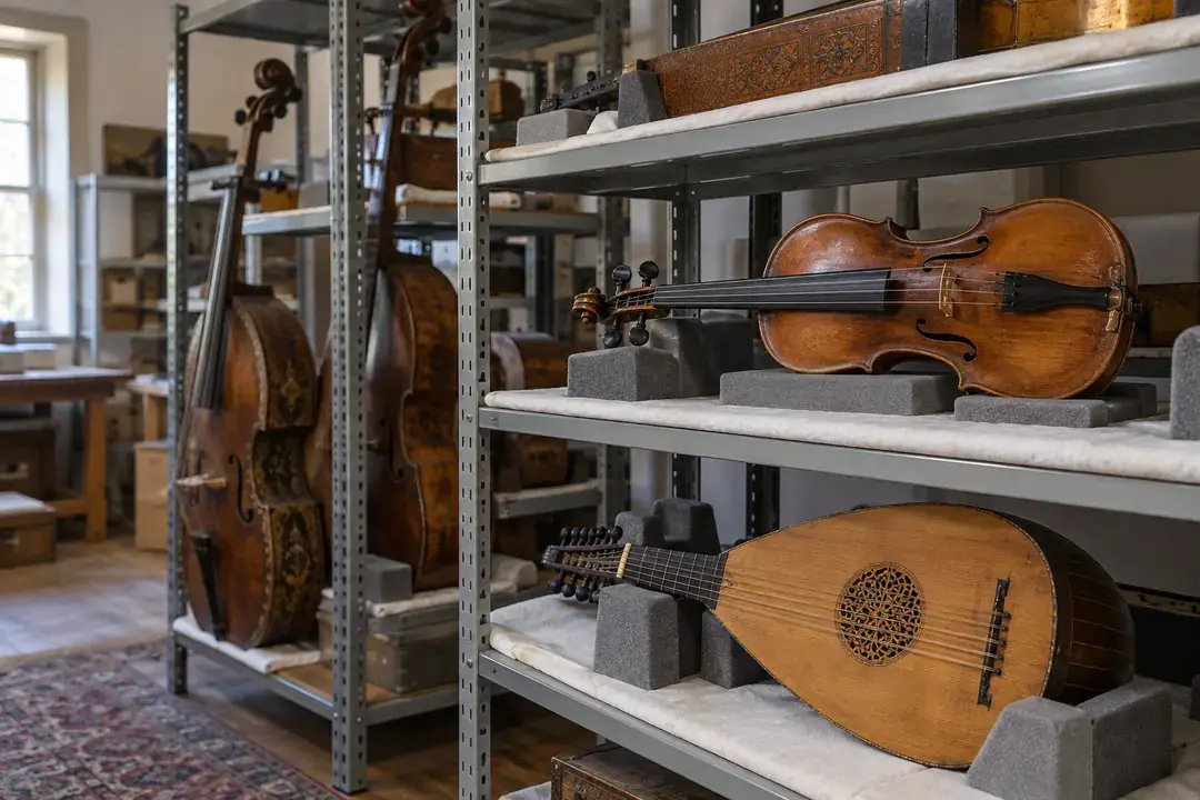 Antique wooden musical instruments on padded collection-storage supports.