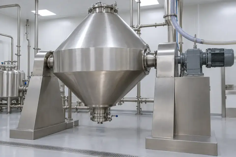 Pharmaceutical vacuum dryer with its external fixed motor and reduction gearbox