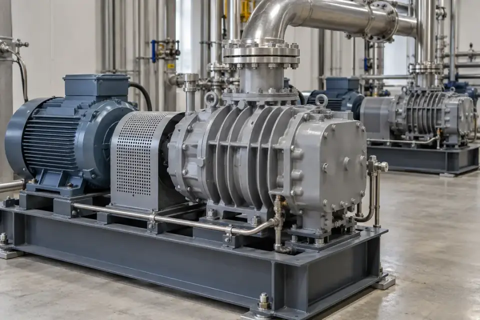 Industrial vacuum pump and fixed electric motor drive in a clean equipment room