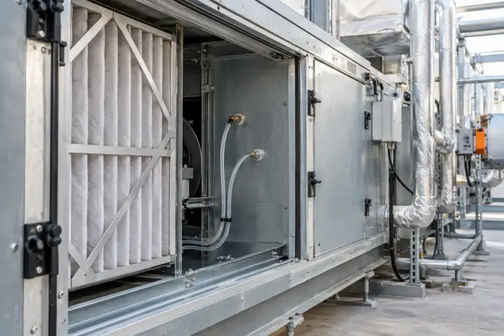 Open air-handling unit showing a pleated filter section and small pressure-sampling fittings with clear tubing.