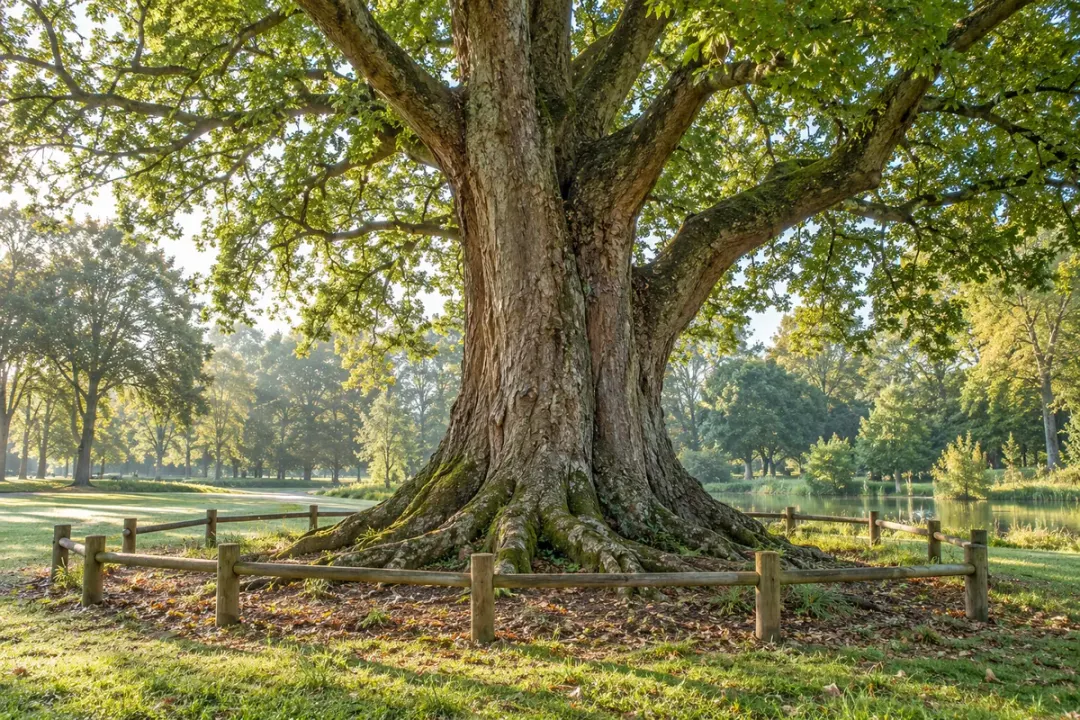 Veteran tree showing its trunk, root flare and conservation surroundings.