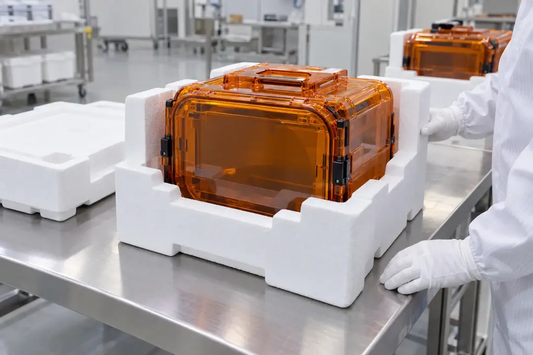 Closed orange wafer shipping carriers secured in protective white foam boxes on a clean preparation bench