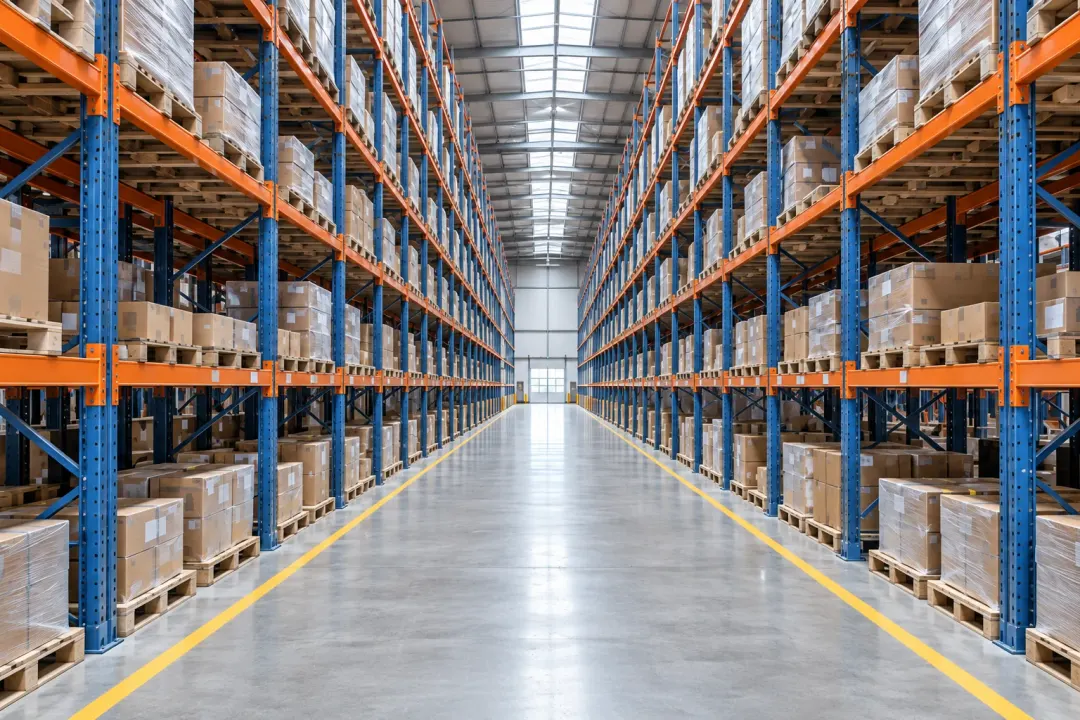 Application illustration: Pallet racks with orange beams and blue uprights along a warehouse aisle.