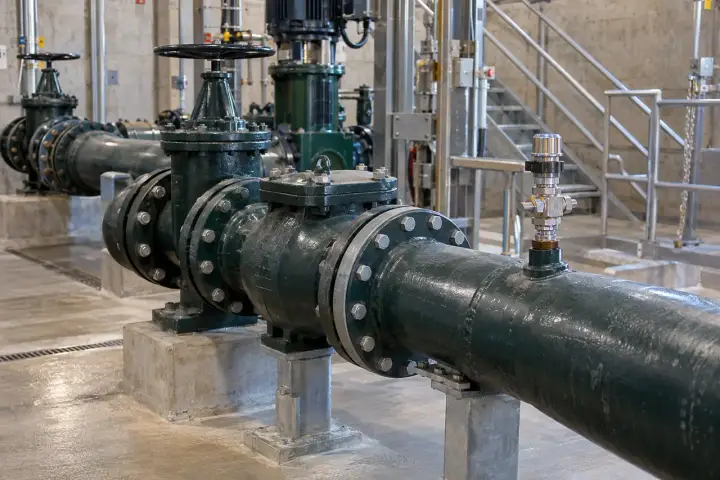 Green wastewater discharge pipeline with isolation and check valves and a raised isolated instrument connection.