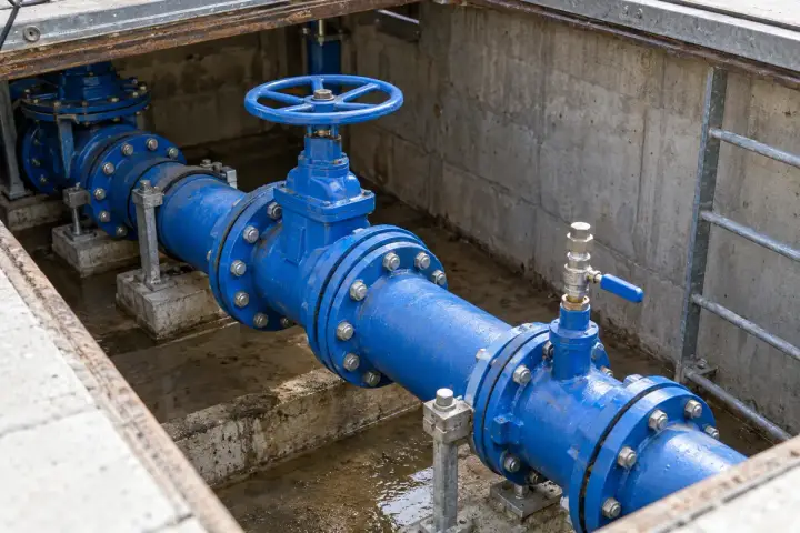 Blue municipal water main in a concrete valve chamber, with a gate valve and capped isolated instrument branch.