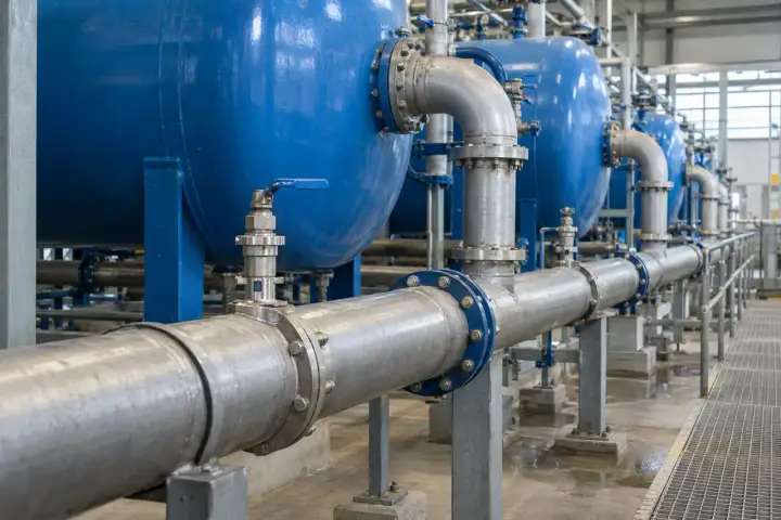 Blue water-treatment filter vessels connected to a stainless manifold with small capped pressure service branches.