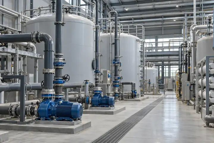 Industrial water-treatment equipment with tanks and pipework
