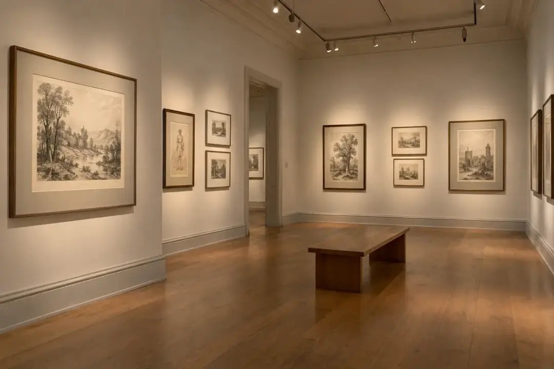 Works-on-paper exhibition with archival framing and gentle gallery lighting