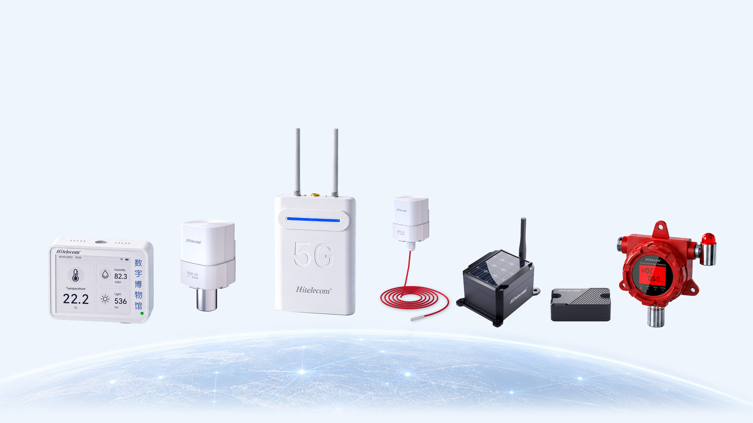 Hitelecom industrial IoT sensors and gateways above a connected digital globe